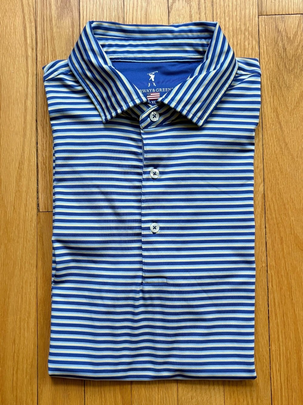 Fairway & Greene Men’s Short Sleeve Polo XL Blue White Yellow Stripes USA Made